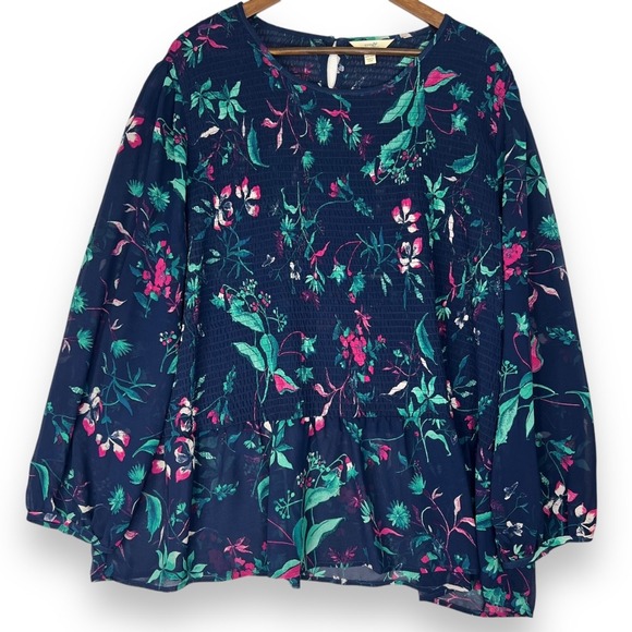 Terra & Sky‎ Floral Blouse Smocked Peplum Long Sleeve Lightweight Plus Size 2X - Picture 1 of 14